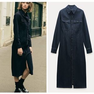 ZARA dark blue soft denim shirt-dress blogger favorite